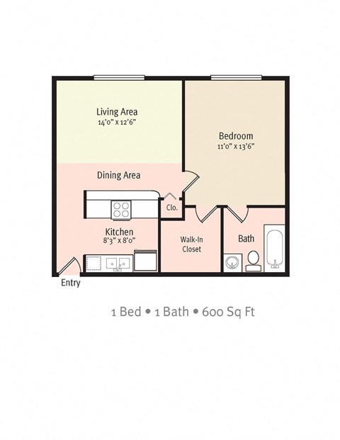 Floor plan for 1 bed, 1 bath, 600 sqft